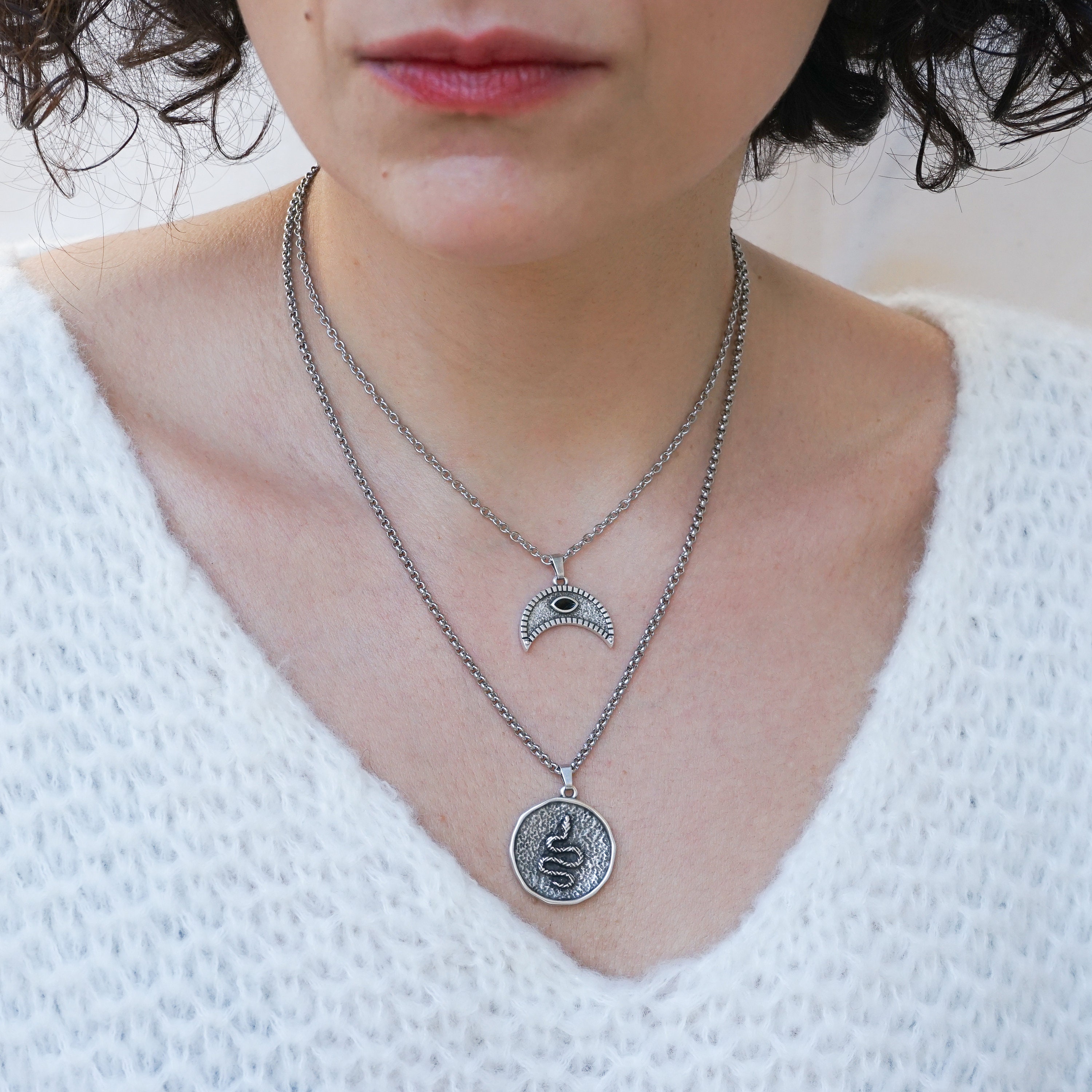 Silver ΜΟΟΝ Necklace Wt Black/turquoise Enamel, Celestial