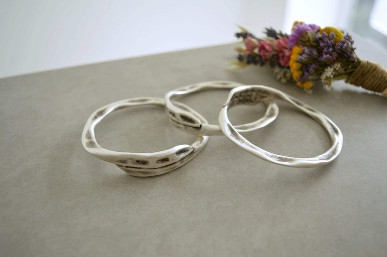 Antique silver thick round hammered bangle, stacking wristband bracelet, stacking rope bracelet boho delicate minimalist cuff, 6-7.5 inch image 3