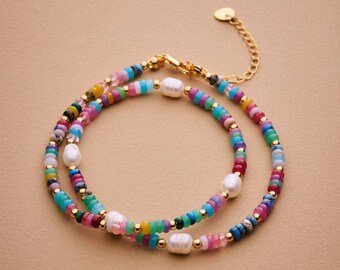 Colorful agate and pearl beaded necklace, handmade gemstone choker summer stackable boho beach necklace gift for her multicolor beads choker