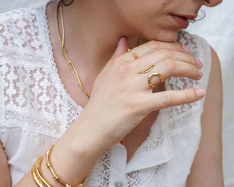 Gold hammered minimalist organic wrap ring, 24k gold plated modern dainty boho abstract stackable adjustable ring, gift for her us size 7-8 image 6