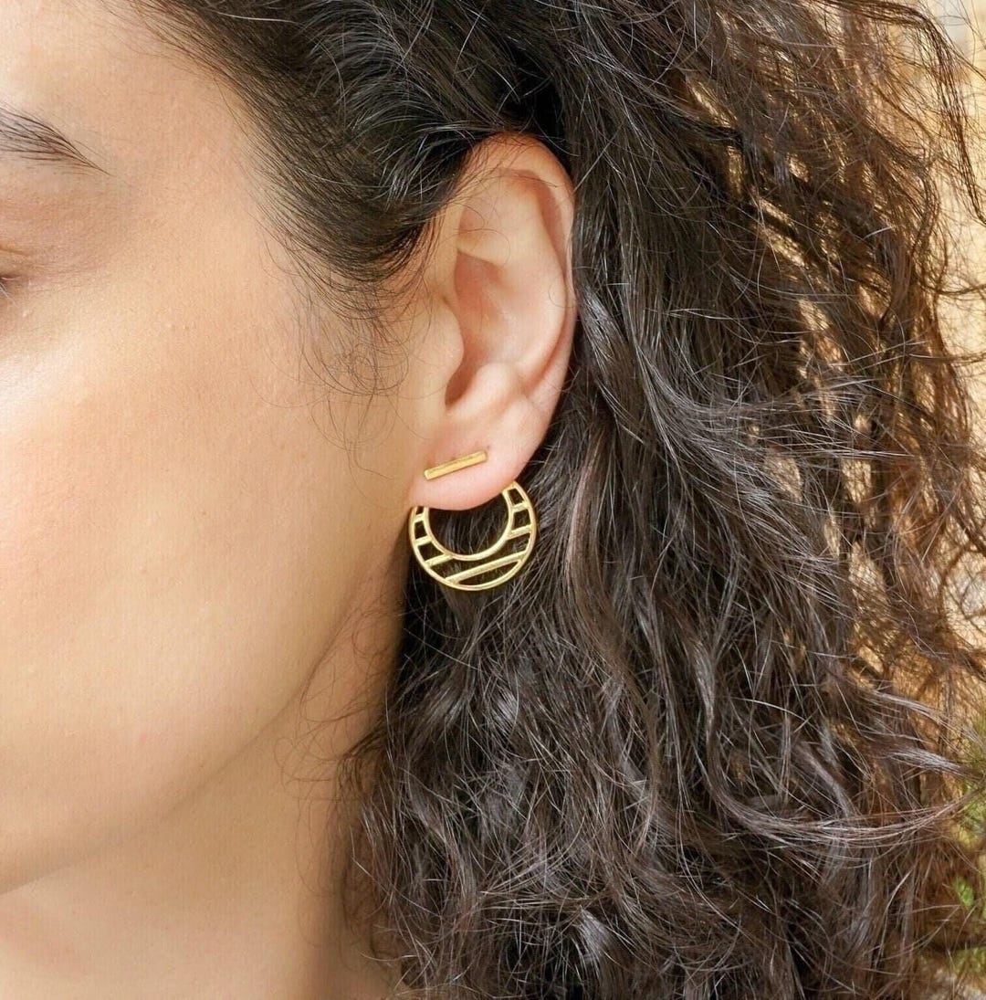 Round Ear Pattern Gold Geometric Round Circle Ear Jackets, Minimalist Bar Pushback ...