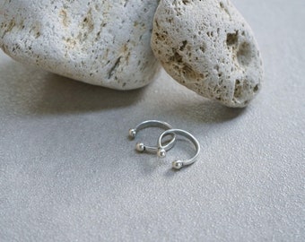 Two balls open adjustable silver ring, double ball ring, simple tiny delicate rock ring, stackable festival fashion ring open band stacking