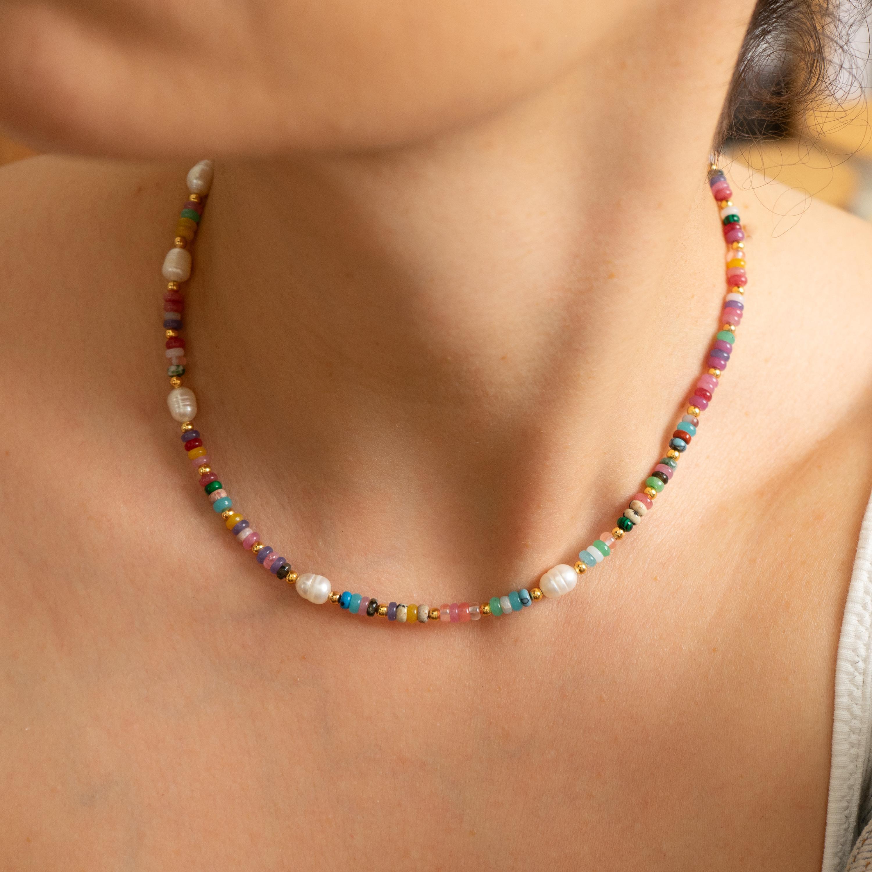カラフルな瑪瑙と真珠のビーズネックレス、手作りの宝石チョーカー、夏