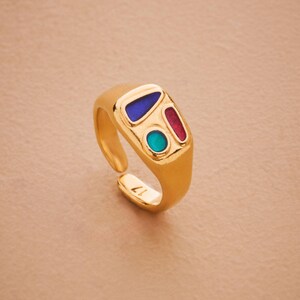 Gouden klassieke zwarte/veelkleurige geëmailleerde rechthoekige zegelring, sierlijke geometrische zegelring, gelaagde ring, stapelbare minimalistische ring