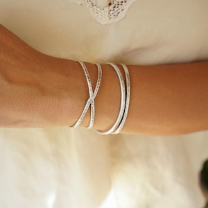 Antique silver hammered cuff, two lines or x design stacking bracelet, x shape open cuff, boho delicate minimal handmade everyday bracelet