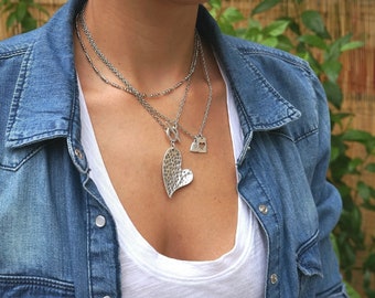 Silver t-clasp locket hammered heart pendant necklace, chunky chain choker, layered stacking, punk rock biker dainty, graduation gift