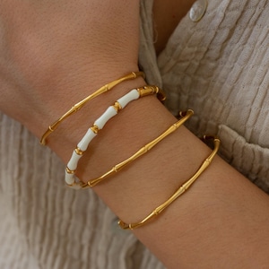 Gold bamboo bracelet wt color enamel, gold stainless steel stacking bracelet boho minimal, waterproof bracelet hippie rock chic gift for her