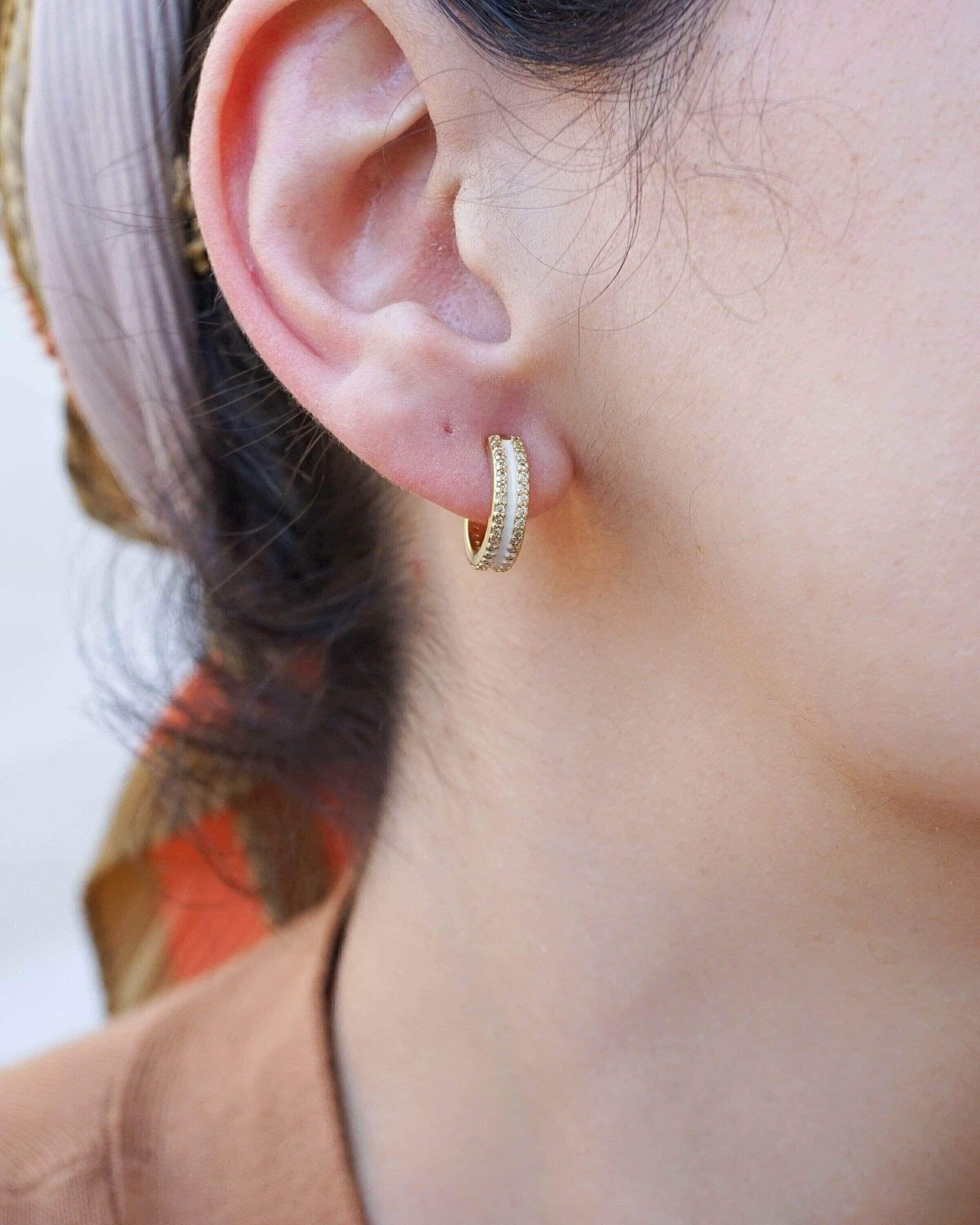 Gold White Zircon & Enamel Thick Open Hoop Earrings, Medium Gold White Zircon & Enamel Thick Open Hoop Earrings, Medium