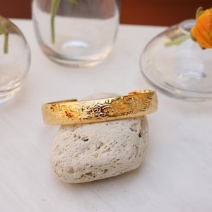 Antique gold ethnic tribal cuff wt floral pattern, stacking bracelet stack, hippie boho delicate minimalist, free people style, 5-6.5 in