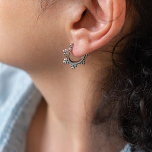 Silver stainless steel thick bead hinged hoop earrings, lightweight dainty geometric trendy fashionable minimal bohemian modern jewelry gift