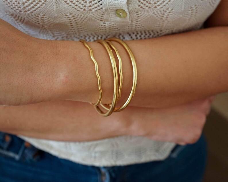 Gold shiny thick round bangle cuff, circle shaped stacking bracelets, simple ethnic minimal arm party bangle, boho bohemian hippie dainty image 2