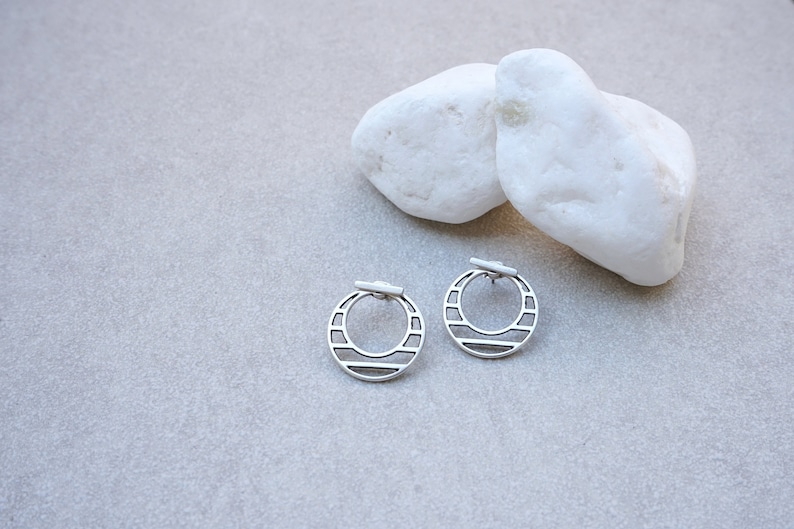 Bohemian Earrings Gift for her Silver Hollow Round Circle Ear Jackets Bar Studs Minimalist Bar pushback earrings Geometric Rock dainty