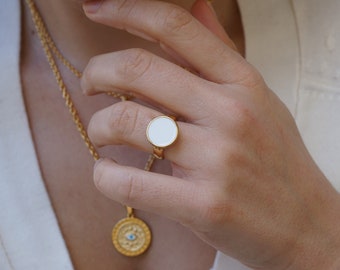 Antique Gold Coloured Enamel Solitaire Ring, Boho Dainty Minimalist ring, hippie indie rock ring, black white coral turquoise enamel ring