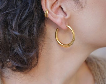Gold bold narrow hoop earrings, chunky 24k gold plated large hoops, dainty organic flowing shape minimal bohemian hoop earrings gift for her