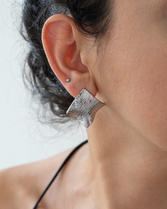 HouseOfAsterodea Large Silver Square Earrings Big Geometric Wavy Square Stud Earrings Statement Earrings Waterproof Stainless Studs Wedding Guest Earrings