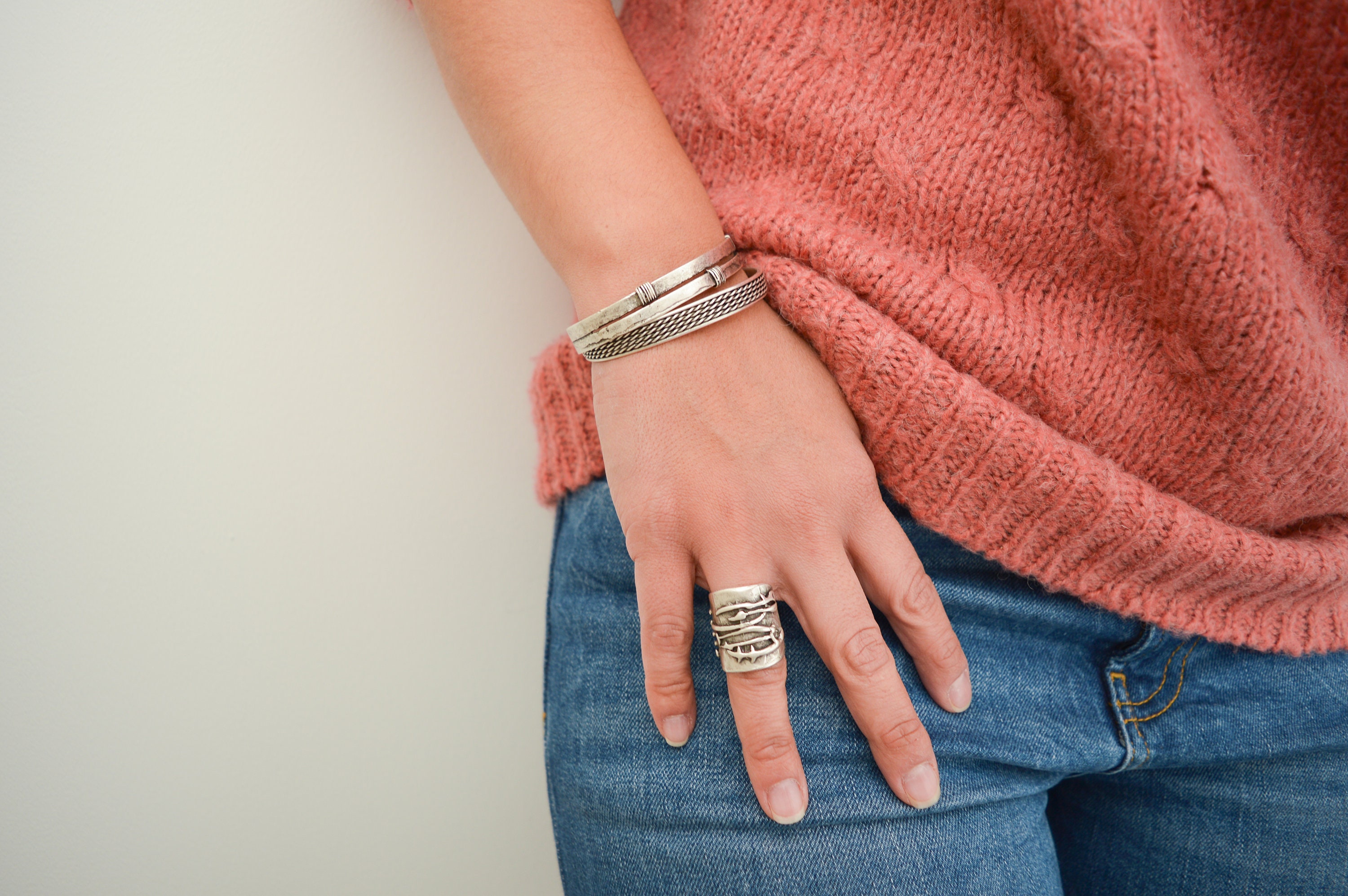 Bohemian Antique Silver TWIG Leaf Branches Ring, Boho Midi Long Large