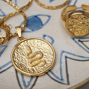 Gold snake stamp necklace, dainty round relief serpent charm stacking layered boho necklace, cobra chain necklace delicate bday gift 4 her