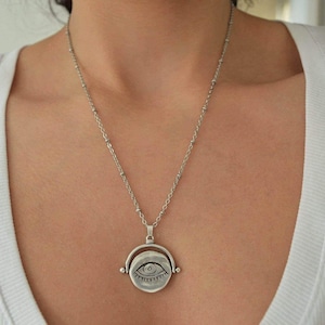 Silver vintage style evil eye protection necklace, layered stacking boho dainty hippie, steel chain necklace, ottoman turkish jewelry, gift