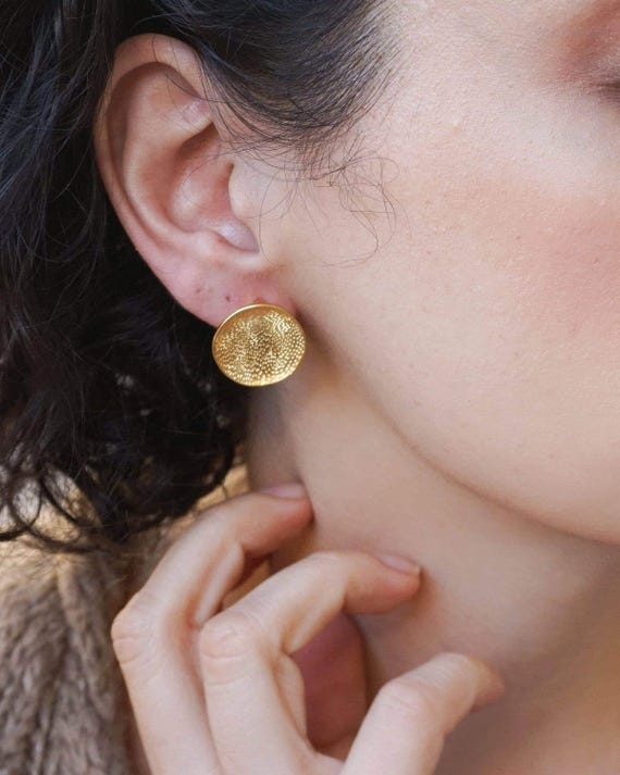 Gold asymmetric hammered disc stud earrings, 24k gold plated large  