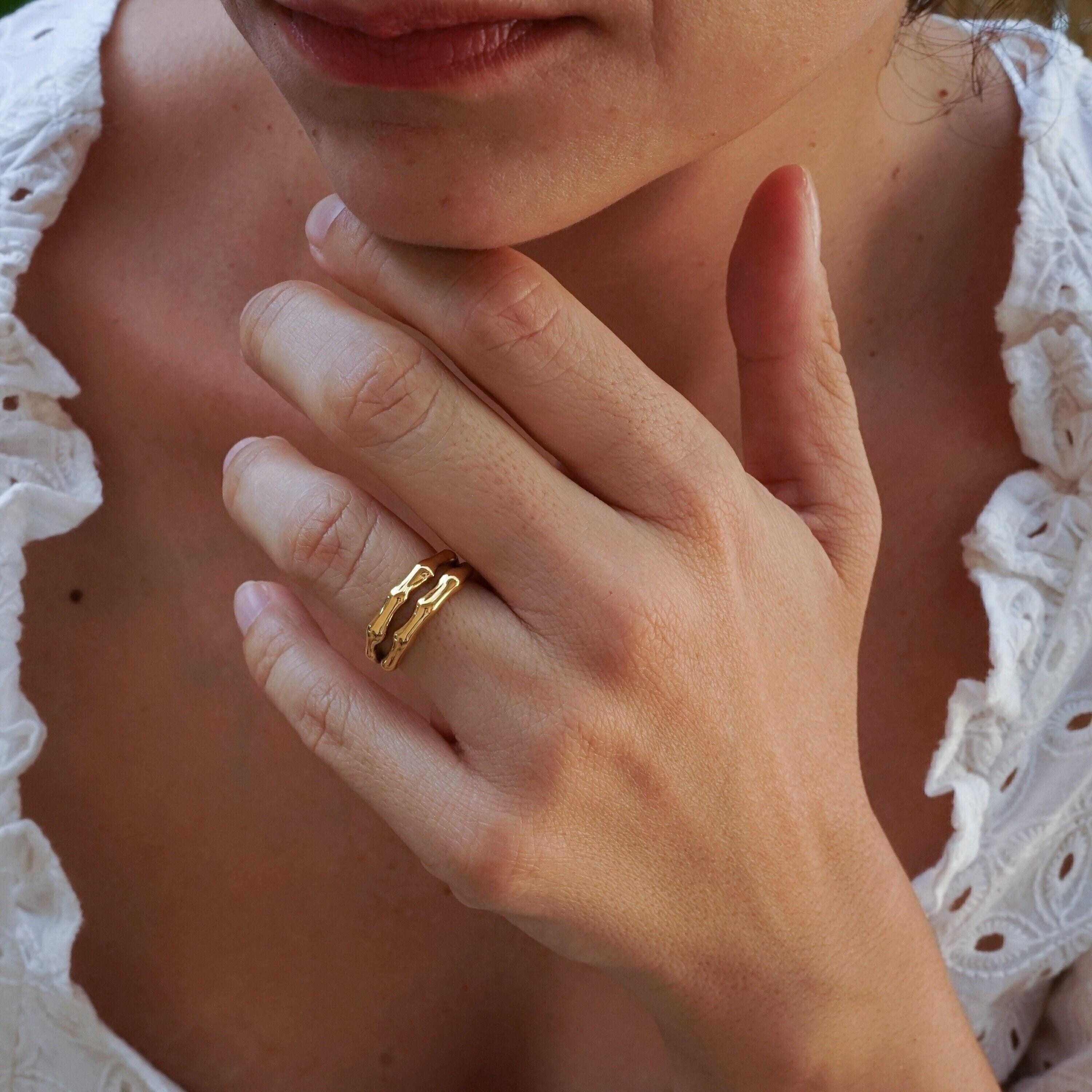 Gold Double Bamboo Ring, Open Bamboo Stainless Steel Adjustable Ring ...