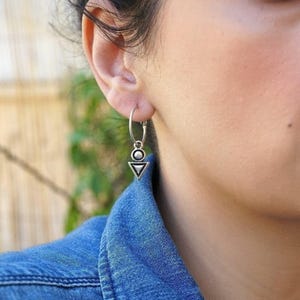 Antique silver hoop earrings with geometric charm, leverback latch back hoops, minimalist dainty trend minimal huggies, long dangle