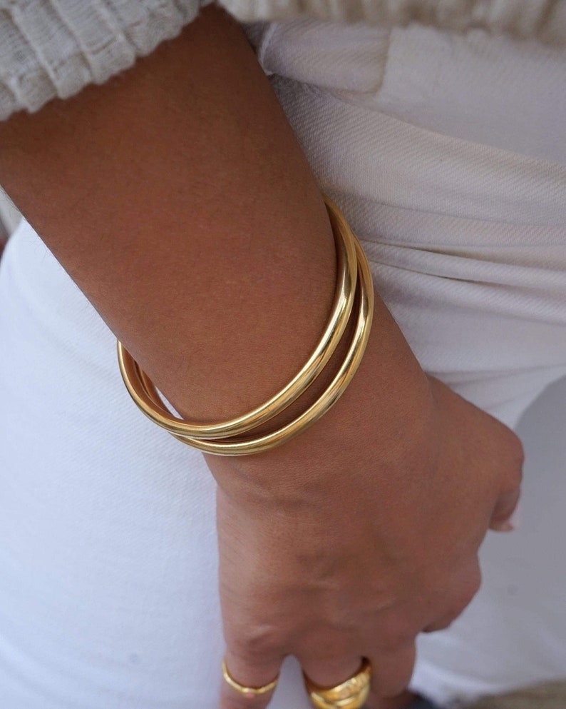 Gold shiny thick round bangle cuff, circle shaped stacking bracelets, simple ethnic minimal arm party bangle, boho bohemian hippie dainty image 8