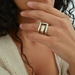 Antique silver geometric ring, big statement abstract modern ring boho jewelry - gift for her, unisex strudy large square wide band ring