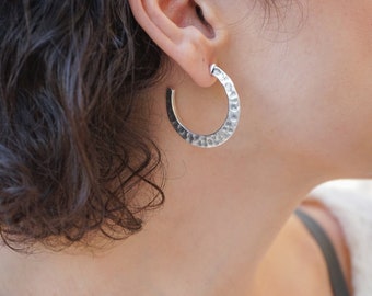 Antique silver thick flat hammered hoop earrings, large hoops, minimalist dainty geometric trend minimal bohemian hoop earrings gift for her