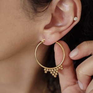 Gold ball hoop earrings, large gold stainless steel hoops, lightweight everyday hoop, dainty geometric minimal bohemian stacking earrings
