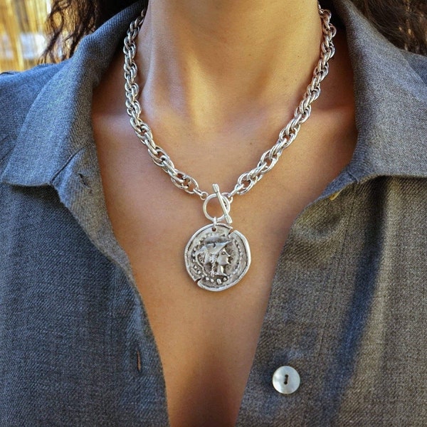 Athena goddess coin pendant silver t-clasp locket necklace, grecian medallion ancient greek jewelry, chunky chain choker, gift for her