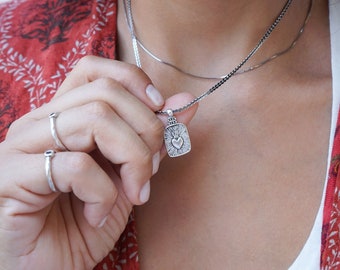 Rectangular mexican heart pendant wt silver sequin crossed chain, stacking layered boho necklace bohemian dainty, valentine gift for her