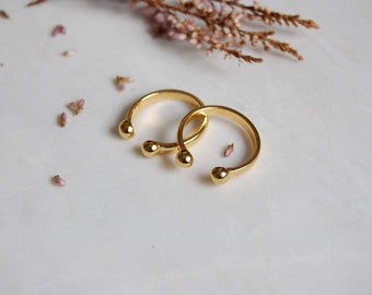 Two balls open adjustable gold ring, double ball ring, simple tiny delicate rock ring, stackable festival fashion ring open band stacking