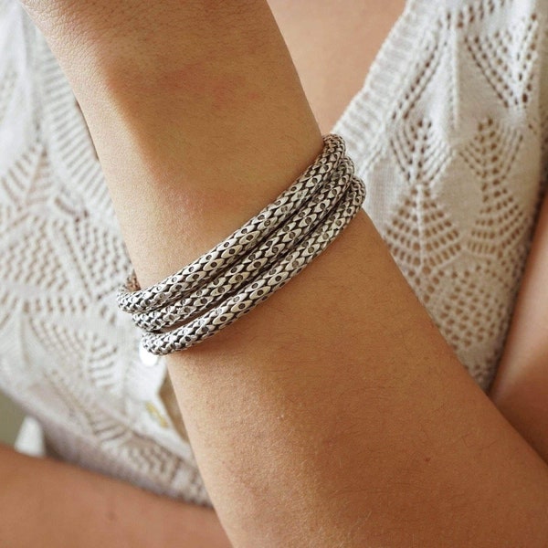 Antique silver snakeskin style cuff, stacking layers bracelet bangle, bohemian chunky ethnic tribal engraved symbols jewellery, gift for her
