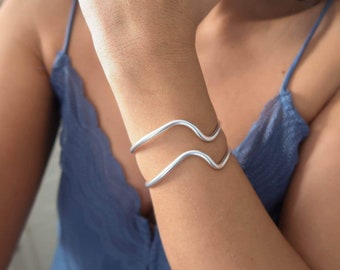 Silver wave cuff, stacking wristband bracelet, boho delicate minimal free people style, plated dainty statement cuff simple wave design