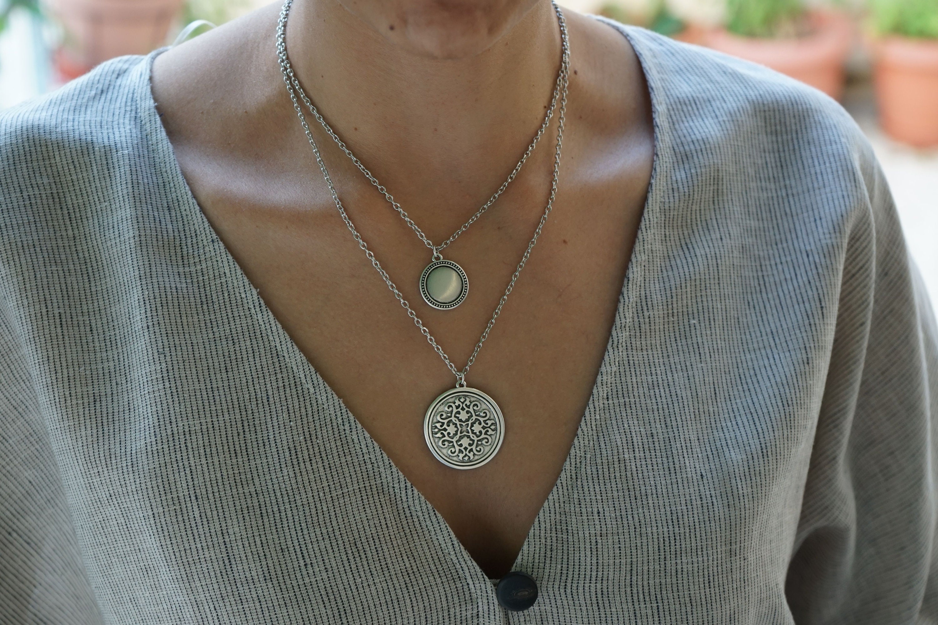 SET of 2 Silver Coin pendant necklaces Bohemian boho coin | Etsy