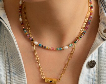 カラフルな瑪瑙と真珠のビーズネックレス、手作りの宝石チョーカー、夏