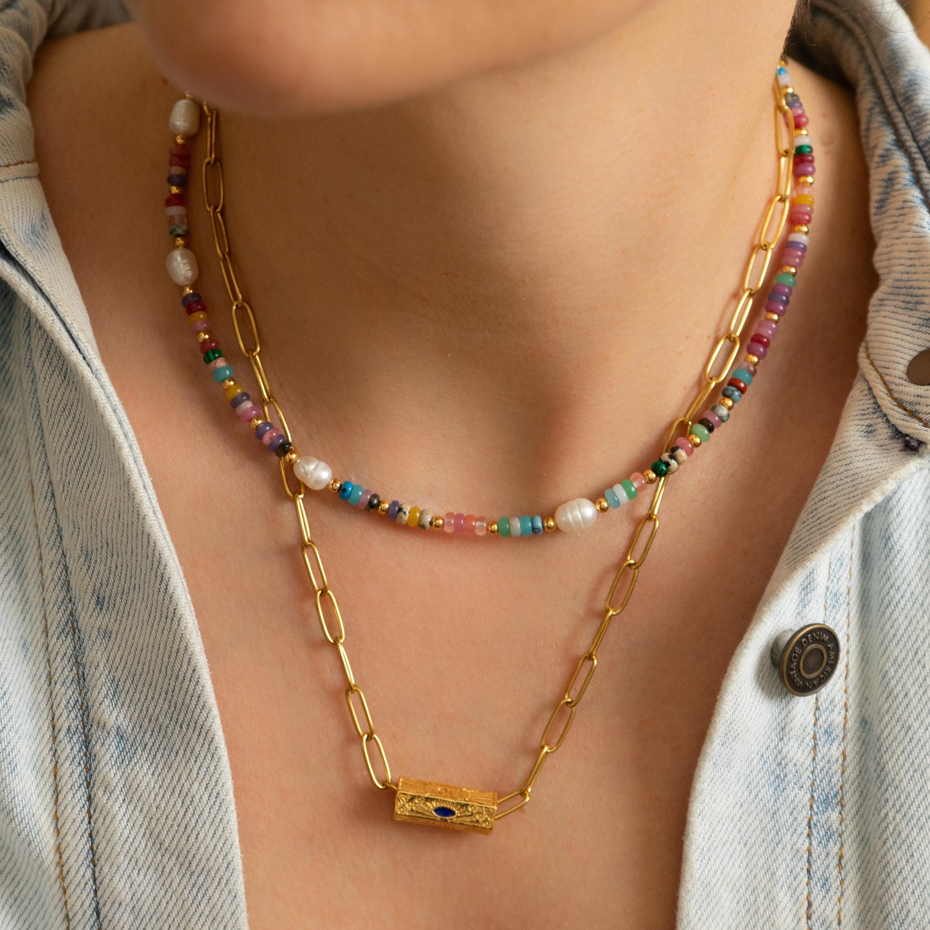 カラフルな瑪瑙と真珠のビーズネックレス、手作りの宝石チョーカー、夏