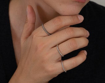 Silver TWISTED ROPE ring, stainless steel braided lines ring boho modern lines ring Narrow Twisted Rope Ring organic affordable unique ring