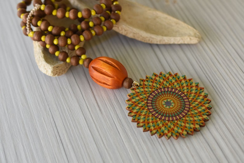 gift summer boho hippie jewelry Rainbow wooden bead flower pendant necklace Long lightweight necklace Authentic Greek beaded necklace