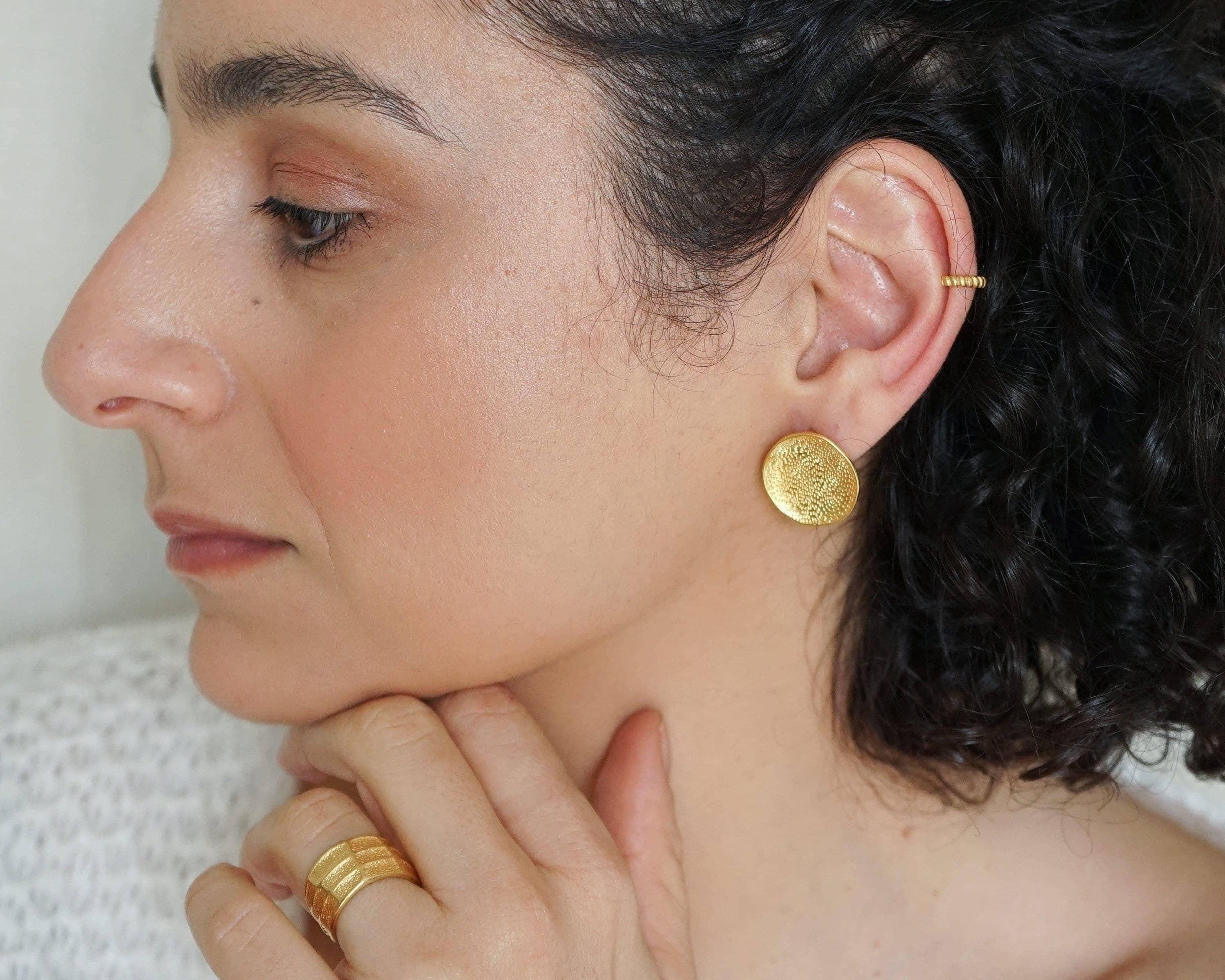 Gold asymmetric hammered disc stud earrings, 24k gold plated large  