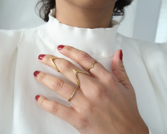 Geometric V Stainless Steel Gold Ring Modern Shape Rock Style