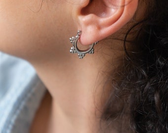 Silver stainless steel thick bead hinged hoop earrings, lightweight dainty geometric trendy fashionable minimal bohemian modern jewelry gift