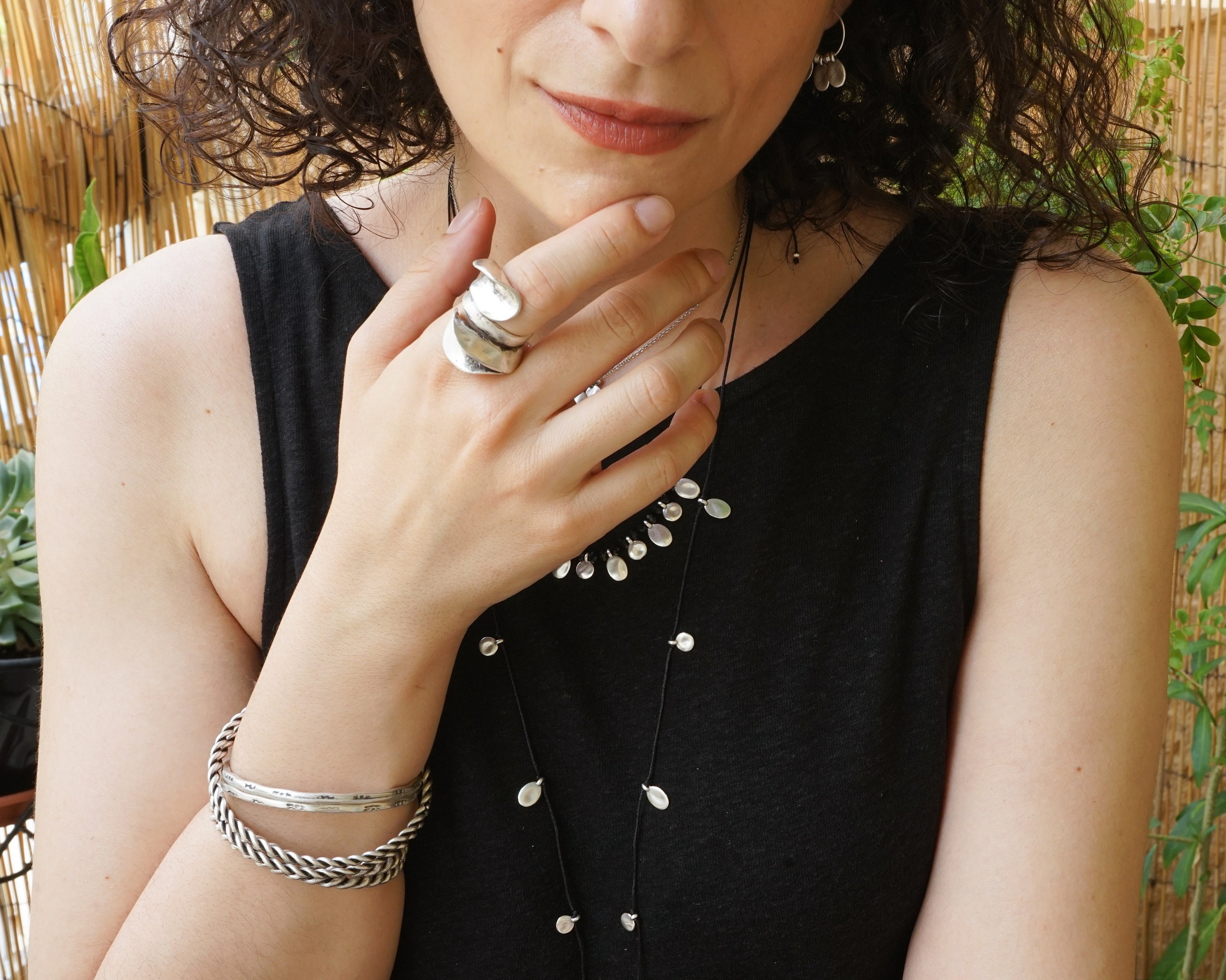 Long Silver Wrap Free Form Ring, Organic Shape Midi Modern Bohemian