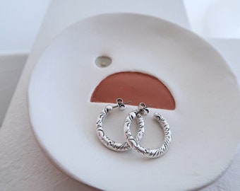 Silver open floral hoop earrings, 3/4 huggies hoops, minimalist dainty modern trend bohemian stacking pushback stud earrings, gift for her