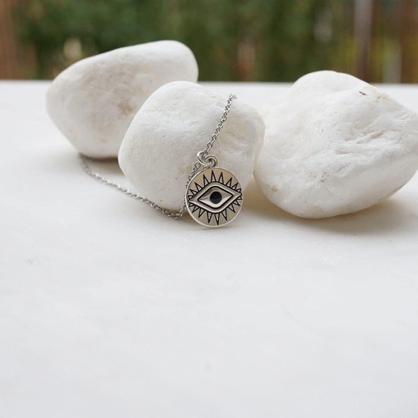 Silver evil eye protection wt black enamel necklace, layered stacking jewelry boho dainty hippie, best friend gift, tiny evil eye necklace