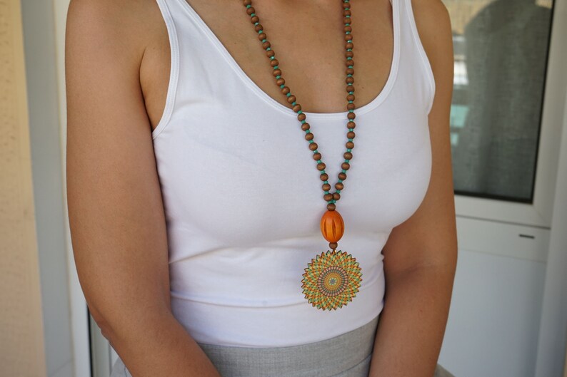 gift summer boho hippie jewelry Rainbow wooden bead flower pendant necklace Long lightweight necklace Authentic Greek beaded necklace