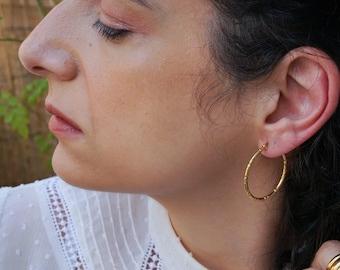 Classic gold hammered hoop earrings, large gold stainless steel hoops, lightweight everyday hoop, dainty  minimal bohemian stacking earrings