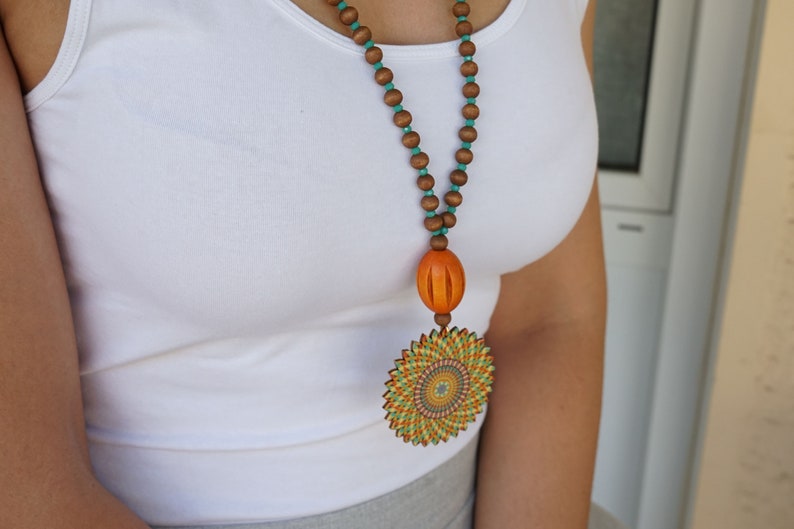 gift summer boho hippie jewelry Rainbow wooden bead flower pendant necklace Long lightweight necklace Authentic Greek beaded necklace