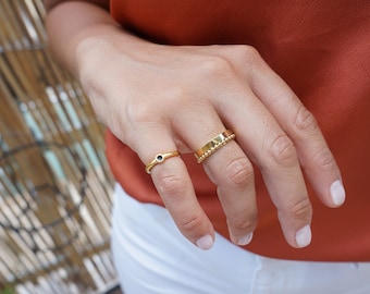 Tiny Gold CIRCLE Band Pinky Ring, Black/Coral Enamel Solitaire Ring, 24k gold plated Stacking Stackable Minimalist Thin Boho geometric ring