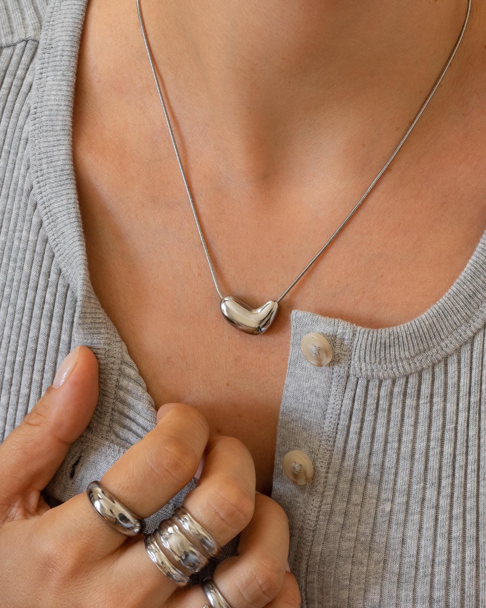 Silver bold heart necklace, heart shape silver necklace, large heart stainless steel water resistant snake chain necklace bday gift 4 her